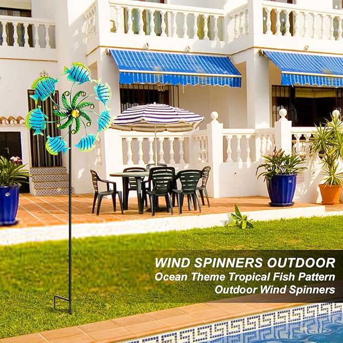 Tropical Fish Wind Spinners - 39" Ocean-Themed Metal Wind Sculptures Garden Stake Art, 13.5” Windmill Yard Kinetic, Outdoor Decor for Patio & Lawn - Metal Beach Sculpture with Fish Design