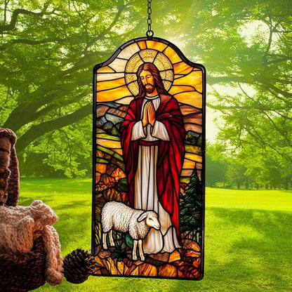 Jesus Acrylic Suncatcher Stained Glass Effect Window Car Hanging Christmas Ornament Indoor Outdoor Decor Garden Memorial Sun Catcher for Family Christmas Jesus Gift for Women Mom Grandma