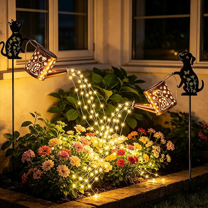 Watering Can Solar Lights for Outside, Watering Can with Cascading Lights Shepherd's Hook, Gardening Gifts for Women, Yard Decoration Outdoor and Garden Backyard