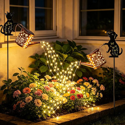 Watering Can Solar Lights for Outside, Watering Can with Cascading Lights Shepherd's Hook, Gardening Gifts for Women, Yard Decoration Outdoor and Garden Backyard