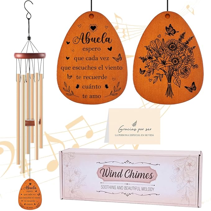 Abuela Gifts for Mother's Day Birthday Christmas Thanksgiving from Grandkids Grandchildren, Abuela Garden Gifts for Spanish Grandma, 26Inch Wind Chimes for Outside with S Hook Greeting Card