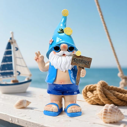 Outdoor Summer Gnomes Statue Beach Gnome Garden Decor for Outside, Beach, Yard, Lawn Ocean Sea Theme Home Decorations for Table, Shelf, Blue Gnome Figurine Funny Elf Gifts for Women