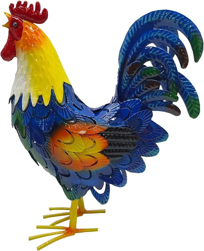 Metal Rooster Decor， Chicken Animal Yard Art Lawn Ornament Figurines Artwork for Outdoor, Patio,Backyard and Home Kitchen Decoration (Blue)