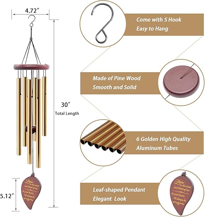 Soopau Wind Chimes for Outside, 30" Wooden Sympathy Wind Chimes Memorial Wind Chime for Loss of Loved One Mother Father, Sympathy Gift Home Decor Outdoor Garden Patio