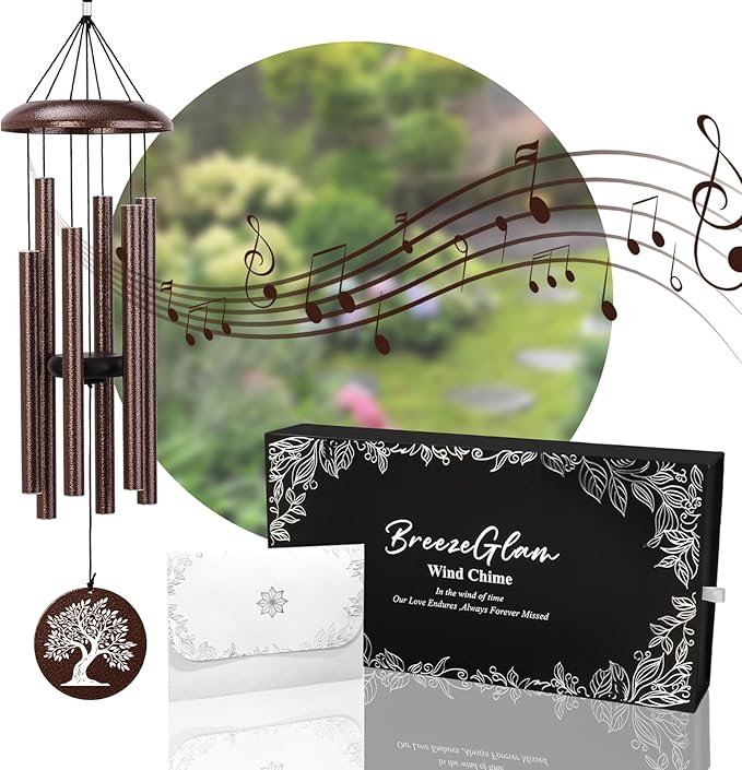 32" Memorial Wind Chimes Outdoor Deep Tone, C Major Tuned Aluminum Wind Chime with Gift Box & Message Envelope, Sympathy Wind Chime for Garden Patio Hanging Decor, Tree Pattern, Bronze