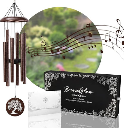 32" Memorial Wind Chimes Outdoor Deep Tone, C Major Tuned Aluminum Wind Chime with Gift Box & Message Envelope, Sympathy Wind Chime for Garden Patio Hanging Decor, Tree Pattern, Bronze