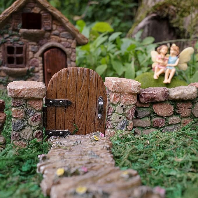 Treasure Gurus Miniature Stone Pillar Wood Gate Fairy Garden Ornament Dollhouse Decor Accessory