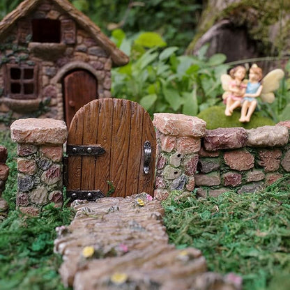 Treasure Gurus Miniature Stone Pillar Wood Gate Fairy Garden Ornament Dollhouse Decor Accessory