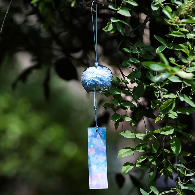 Japanese Wind Chime Glass Outdoor Ornament for Garden, Patio & Balcony, Hanging Wind-Bell Decoration Gift, Blessing Pendant Windchimes & PVC Wind-Catcher, Blue Flower