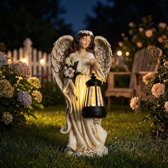 Solar Angel Outdoor Decor Garden Statues – 13.2 inches Angel Figurines Outdoor Sculptures with Solar Lantern for Outside Yard Art Patio Balcony Front Lawn Ornaments Gifts for Mom Grandma Women