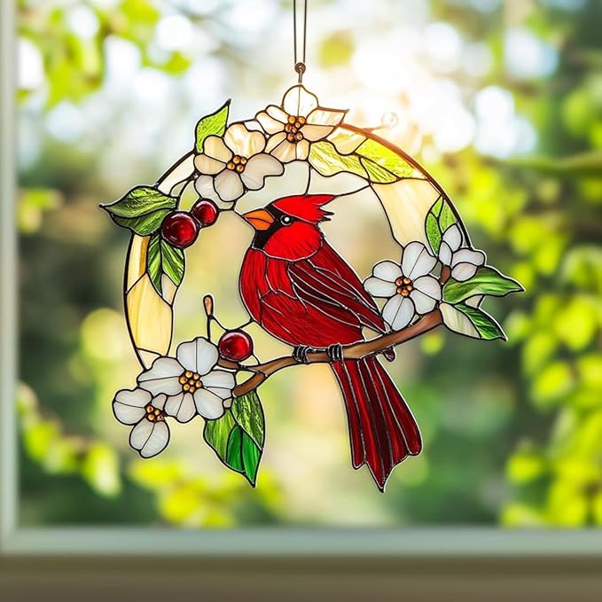 Cardinal with White Flowers Handmade Resin Suncatchers Artisan Sun Catcher Stained Glass Effect Window Hanging Garden Decor for Mom