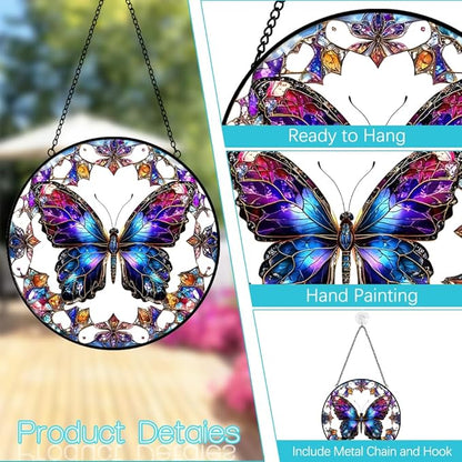 Butterfly Suncatcher Stained Glass Window Hanging - 8″ Handmade Colorful Rainbow Suncatchers for Windows Hanging - Sun Catchers Wall Decor Glass Panel - Christmas Birthday Gifts for Women Men Mom