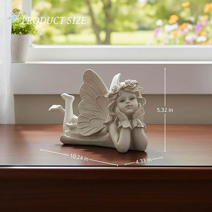 Lying Fairy Garden Statue with Hands on Chin – Outdoor Resin Angel Figurine for Yard, Patio or Lawn Decor – 10.24” Hand-Painted Fairy for Garden Fairy Scenes & Whimsical Outdoor Displays