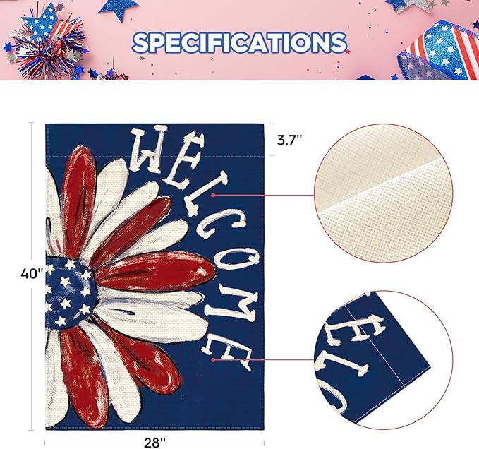 AVOIN colorlife Patriotic 4th of July House Flag 28x40 Inch Double Sided Outside, Memorial Day Floral Welcome Daisy Yard Outdoor Decoration