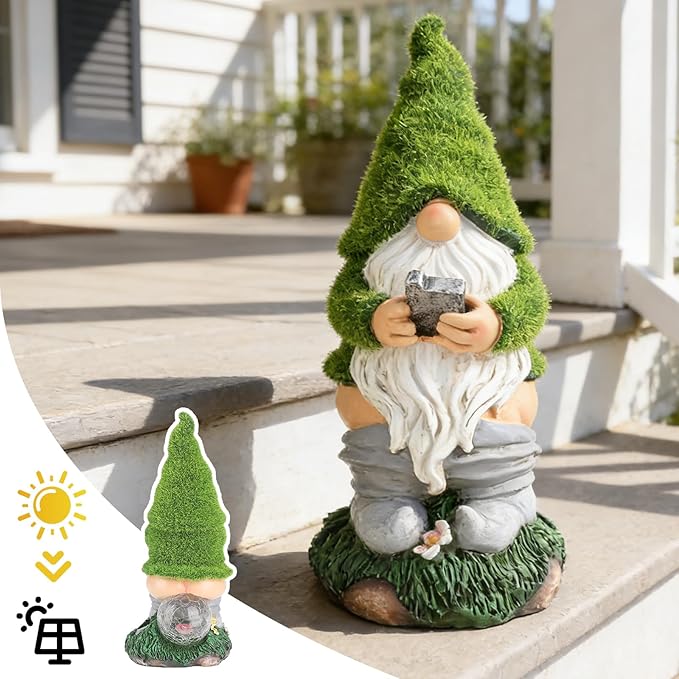 Mischeievous Garden Gnome Statues Solar Lighting - Resin Forest Guardian with Moss Hat&Warm Light Solar Lantern，Funny Outdoor Yard Statue Decor for Patio, Lawn, Fairy Garden Gift