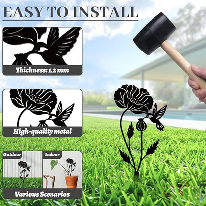 WADORN Hummingbird Poppy Metal Decorative Garden Stakes, Funny Hummingbird Flower Metal Silhouette Statues Bird Flower Garden Ornament Gifts Black Yard Art Decoration for Outdoor Backyard Patio Lawn