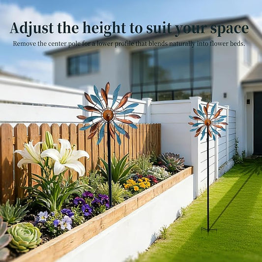 Wind Spinners Outdoor Metal, 360° Kinetic Wind Spinner with Stake, Metal Garden Yard Patio Lawn Windmill Decor (12.6" Dia, 56.7" H, Copper & Teal Petal)