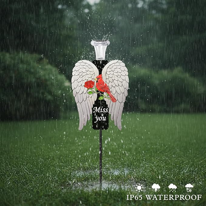 20-Inch Solar Angel Wings Memorial Stake with Red Cardinal - Metal Cemetery Decorations for Grave - Weatherproof Sympathy Gift for Loss of Loved One(Angel Wings)