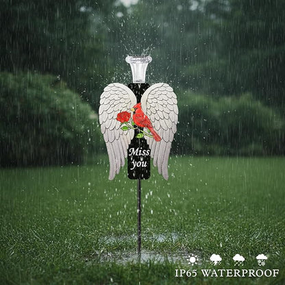 20-Inch Solar Angel Wings Memorial Stake with Red Cardinal - Metal Cemetery Decorations for Grave - Weatherproof Sympathy Gift for Loss of Loved One(Angel Wings)