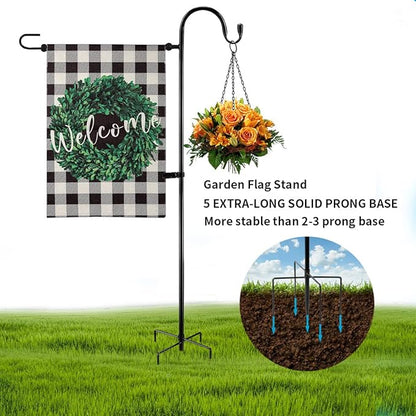 Garden Flag Holder Stand and Shepherds Hooks, 48 Inch Height with 1/2 Thick Metal Pole-Outdoor Lawn Yard Stake for Small 12x18, Solar Lights-Mini (1), Black (GFSH-X1)