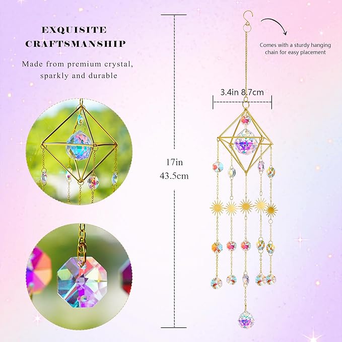 HDCRYSTALGIFTS 17inch Crystal Prisms Suncatcher for Window Hanging Gold-Plated Crystal Sun Catcher Indoor Window Rainbow Maker Home Garden Christmas Tree Decoration