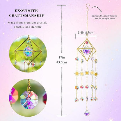 HDCRYSTALGIFTS 17inch Crystal Prisms Suncatcher for Window Hanging Gold-Plated Crystal Sun Catcher Indoor Window Rainbow Maker Home Garden Christmas Tree Decoration