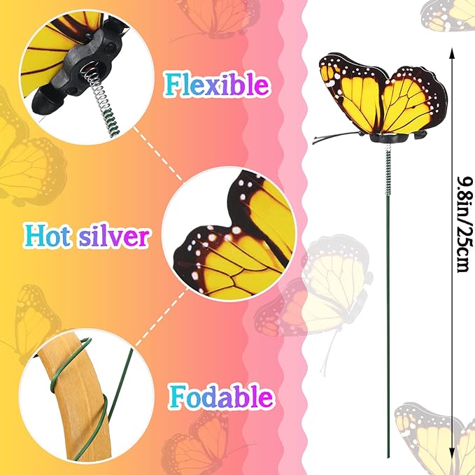 100 Pcs Butterfly Garden Decorations 9.8 Inch Assorted Decorative Plant Stakes Include Bee Hummingbird Ladybug Dragonfly Butterfly Stake for Flower Bouquet Spring Outdoor Indoor Lawn Wall Patio