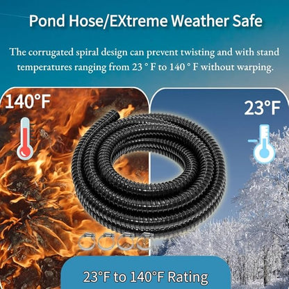 Pond Tubing ID 1” × 20FT Long Corrugated Flexible Pond Hose Pipe with 4 Clamps Pipe Fittings for Pond Pump Fountain Garden Waterfall