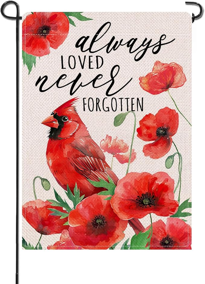 Artofy Spring Summer Cardinal Bird Memorial Small Decorative Garden Flag, Always Loved Never Forgotten Poppy Flower Yard Lawn Outside Decor, Cemetery Burlap Outdoor Home Decoration Double Sided 12x18