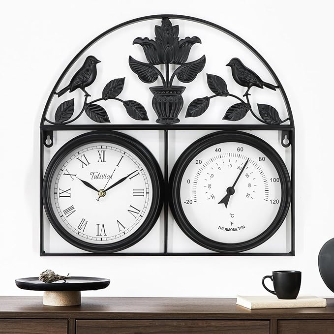 17Inch Large Outdoor Clock,Waterproof Wall Clock with Thermometer,Weatherproof Non-Ticking Quartz Battery Operated Decor Clock for Patio,Garden,Pool,Porch,House Warming Gifts