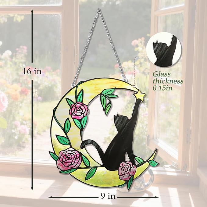 Stained Glass Window Hanging, 10 Inch Stained Glass Suncatcher, Cat Suncatcher for Home Decor, Garden, Patio, Gift for Nature and Cat Lovers