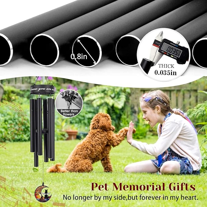 35" Pet Memorial Wind Chime, Pet Sympathy Gift for Loss of Dog, Dog Memorial Wind Chime with Stained Moon, Hand Tuned Aluminum Wind Chimes for Outdoor Garden Porch Remembrance Decor, Black