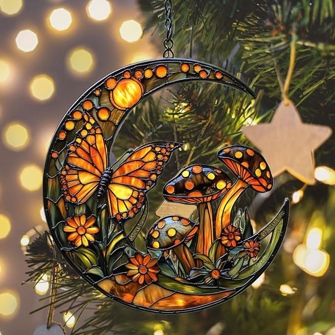 Cresent Forest Butterfly Acrylic Suncatcher Stained Glass Effect Window Car Hanging Christmas Ornament Indoor Outdoor Decor Garden Sun Catcher Panel for Boho Lover for Women Mom Grandma
