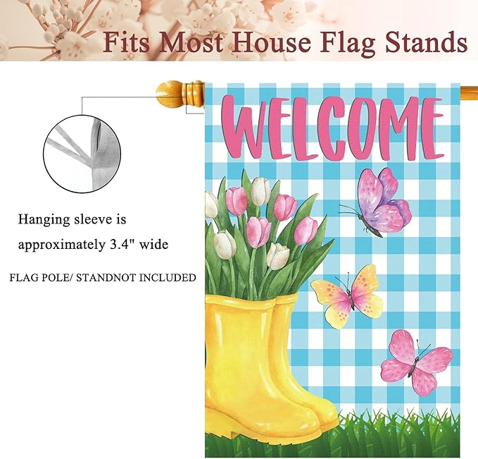 Spring House Flag 28"x40" Yellow Rain Boots with Tulips Butterflies Blue Gingham Welcome Double Sided Garden Decor for Yard Porch Outdoor
