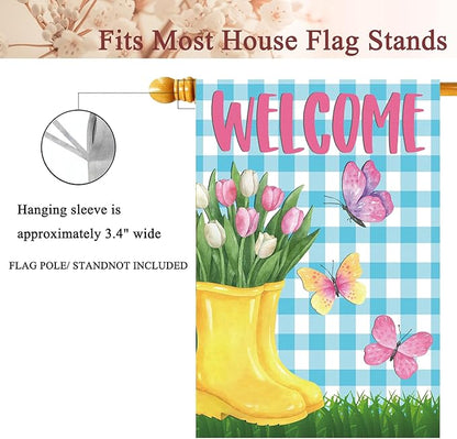 Spring House Flag 28"x40" Yellow Rain Boots with Tulips Butterflies Blue Gingham Welcome Double Sided Garden Decor for Yard Porch Outdoor