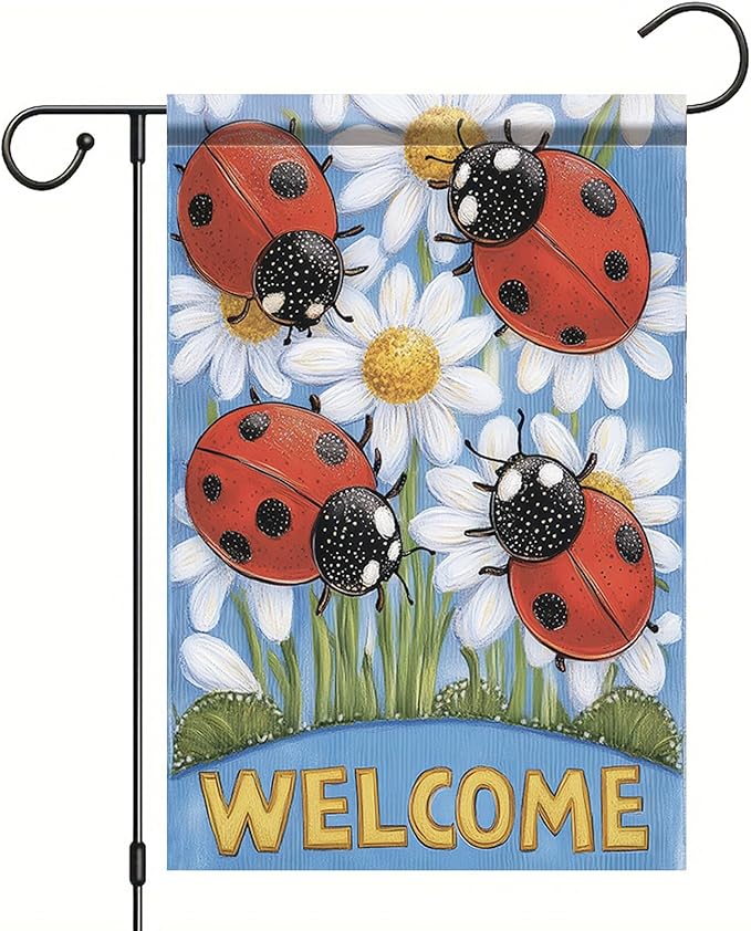 Spring Summer Garden Flag 12x18 Inch Ladybug Welcome Daisy Floral Design Outdoor Yard Porch Lawn Garden for Seasonal Farmhouse Country Home Decor