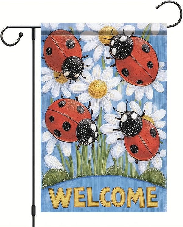 Spring Summer Garden Flag 12x18 Inch Ladybug Welcome Daisy Floral Design Outdoor Yard Porch Lawn Garden for Seasonal Farmhouse Country Home Decor