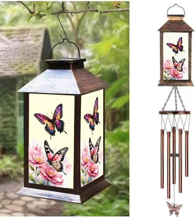 Butterfly Outddor Lantern House Wind Chime-Waterproof Hanging Solar Lanterns for Outdoor Patio, Porch, and Garden Decorfor Nature Lovers,Shaped Wind Chimewith Lantern Design