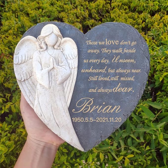 Personalized Garden Memorial Stones for Loved Ones Outside, Angel Memorial Stones Plaques Engraved with Name - Customized Grave Plaques Headstones for Cemetery(Heart)