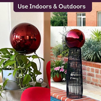 Lily's Home 10" Diameter Stainless Steel Gazing Globe Mirror Ball, Colorful and Shiny Addition to Any Garden or Home, Ideal As a Housewarming Gift, Sparking Red