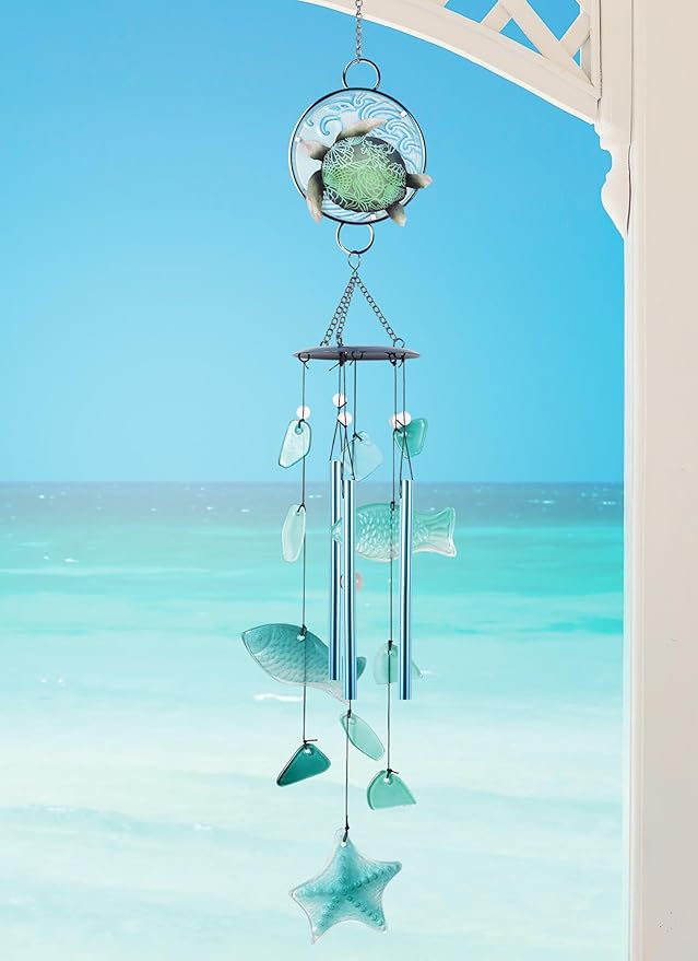 Sunset Vista Designs Windchimes - Handcrafted Glass and Metal Coastal Themed Wind Chime, 36-Inch, Turtle