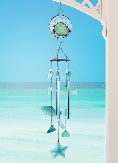 Sunset Vista Designs Windchimes - Handcrafted Glass and Metal Coastal Themed Wind Chime, 36-Inch, Turtle