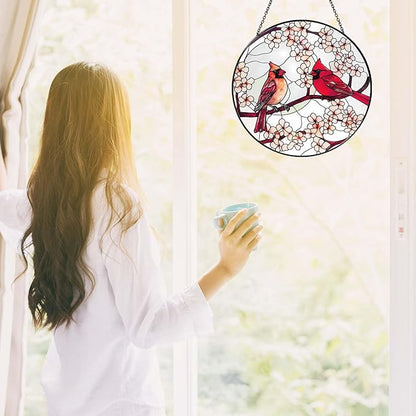 Cardinal Sun Catcher 8'' Stained Glass Window Hanging Cardinal Decor Gifts for Women Christmas Handmade Sun Catcher Decoration for Garden Home Housewarming Gifts Mother Day