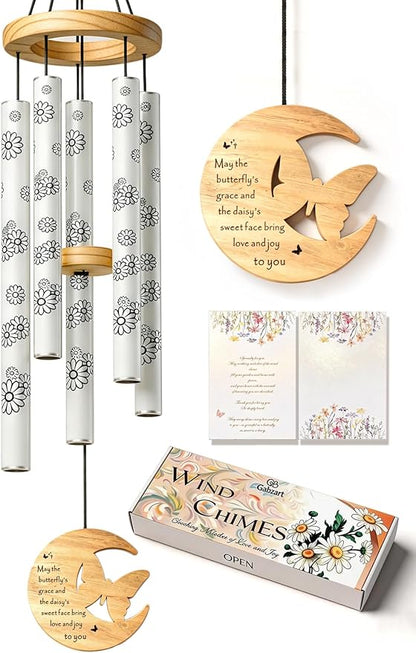 Modern Wind Chimes for Outside, 32" Daisy Print Wind Chime with Butterfly Pendant for Birthday, Mother's Day, Unique Gifts for Women, Garden Yard Patio Porch Home Hanging Decor(Whitestone)