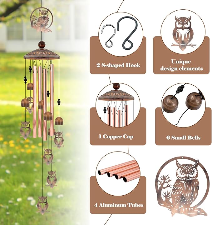 35 Inch Owl Wind Chimes for Outside - Rustic Copper Metal Silhouette Decor with 6 Handcrafted Pendants - Wisdom & Guardian Memorial Windchime - Unique Gift for Owl Lovers, Garden & Patio