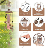 35 Inch Owl Wind Chimes for Outside - Rustic Copper Metal Silhouette Decor with 6 Handcrafted Pendants - Wisdom & Guardian Memorial Windchime - Unique Gift for Owl Lovers, Garden & Patio