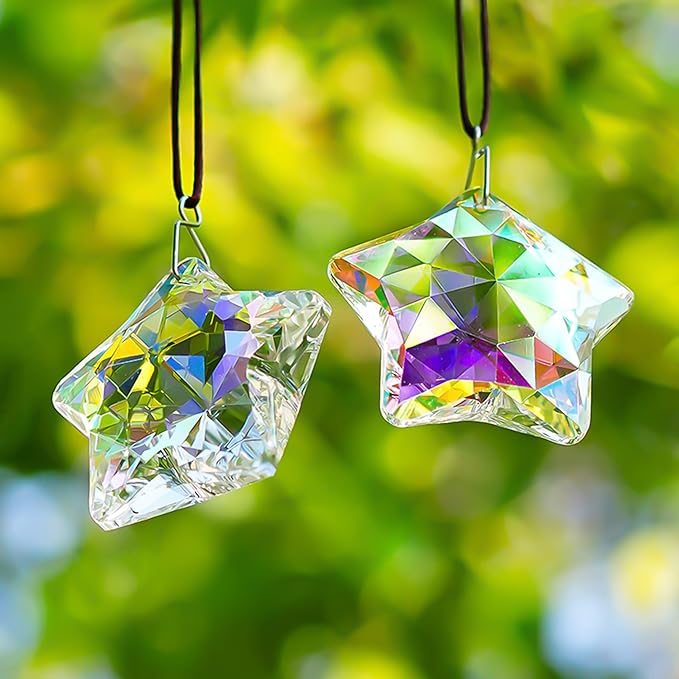 H&D HYALINE & DORA 2 Pack Crystal Sun Catcher Star Prisms 2" AB Colored Hanging Crystals for Window Rainbow Maker Glass Prisms Suncatchers for Home Garden Christmas Decor