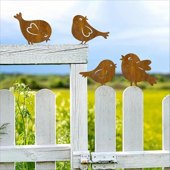 Rusty Birds Decoratio Metal Bird Art Silhouettes Courtyard Garden Déco rand Courtyard Garden Rustic Outdoor Décor Backyard Fence Décor 4Piece Metallic Rust-Colored