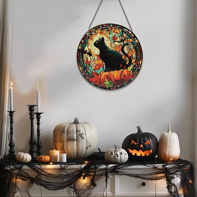 Stained Glass Window Hanging, Halloween Decorations Black Cat Maple Leaf Suncatcher for Doors Garden Indoor Funny Spooky Sun Catchers Gothic Decor for Women, Men, and Mom 7.8 in