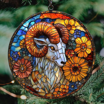 Vivid Ram Mosaic Floral Art Acrylic Suncatcher Stained Glass Effect Window Car Hanging Christmas Ornament Indoor Outdoor Decor Garden Sun Catcher Panel for Zodiac Lover for Women Mom Grandma